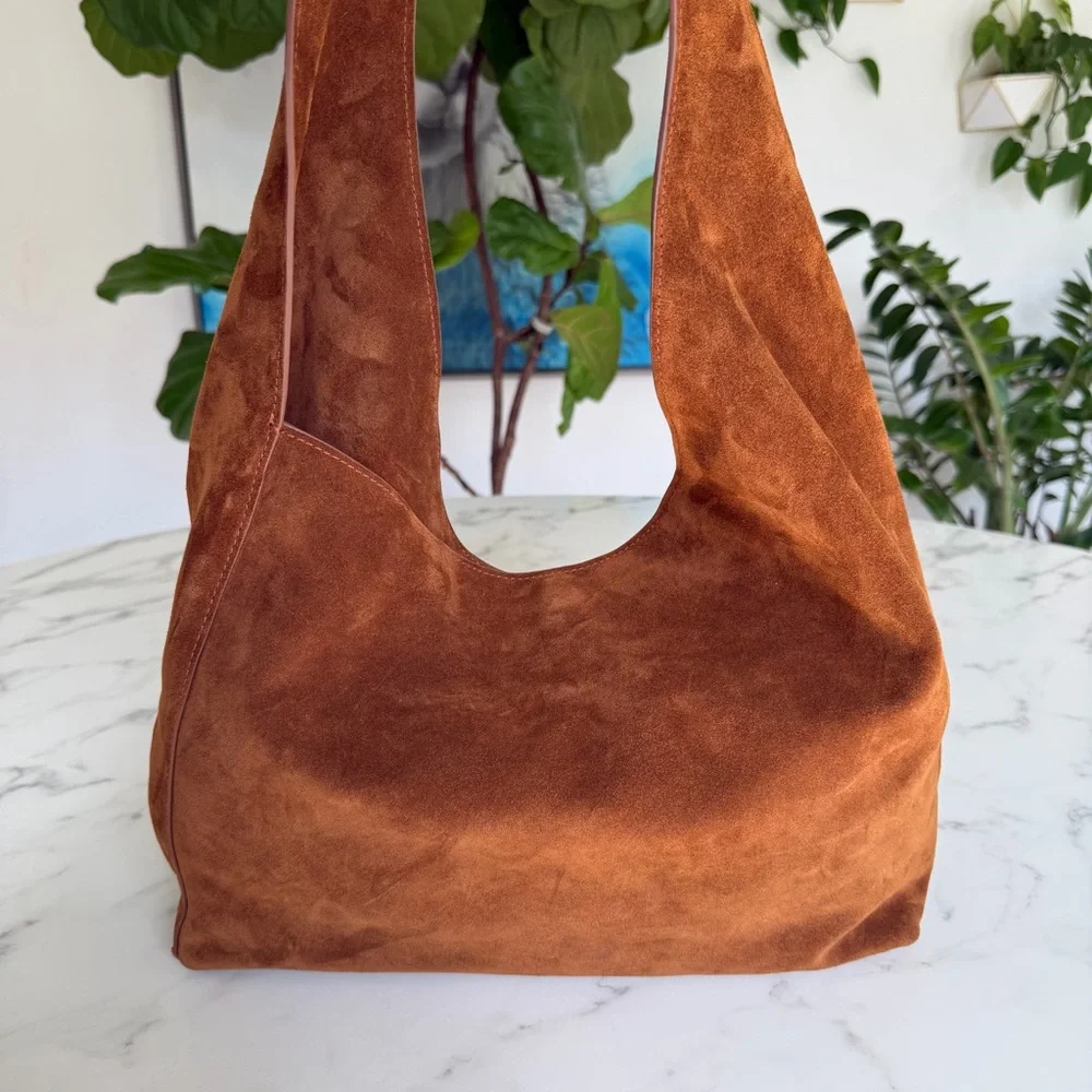 Quince Italian Leather Suede Slouchy Shoulder Bag in Whiskey Brown - Picture 3 of 16